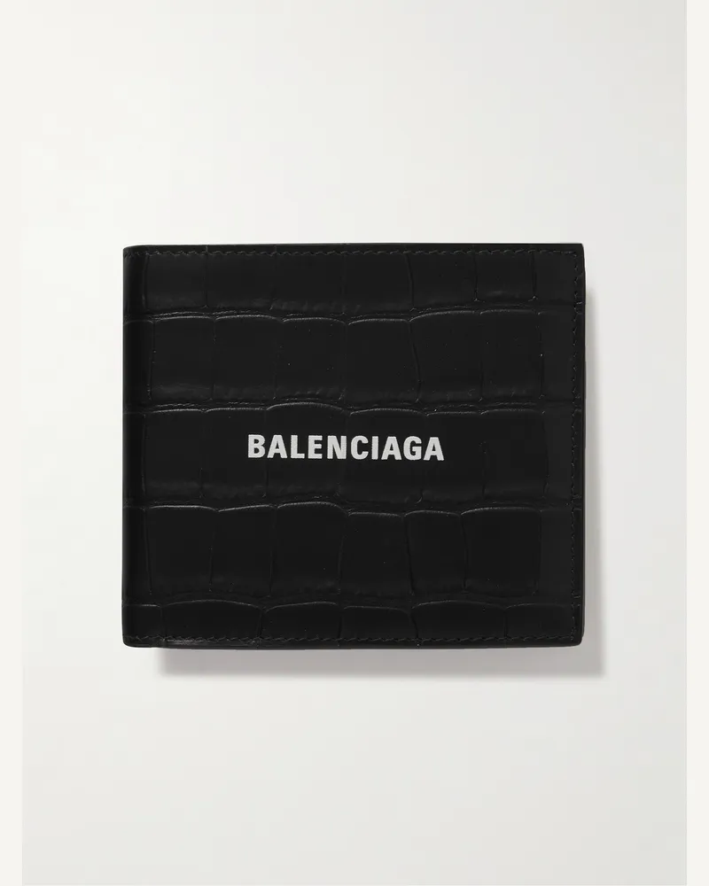 Balenciaga Logo-Print Croc-Effect Leather Billfold Wallet Black