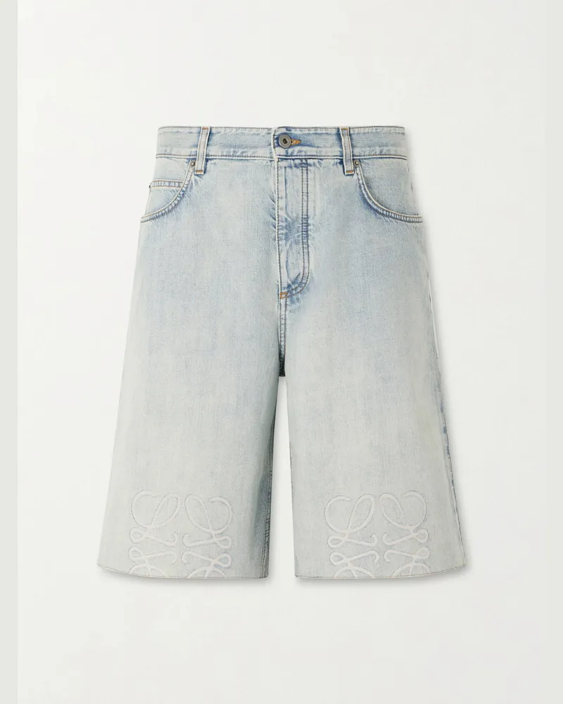 Loewe Wide-Leg Anagram-Embroidered Denim Shorts Blue