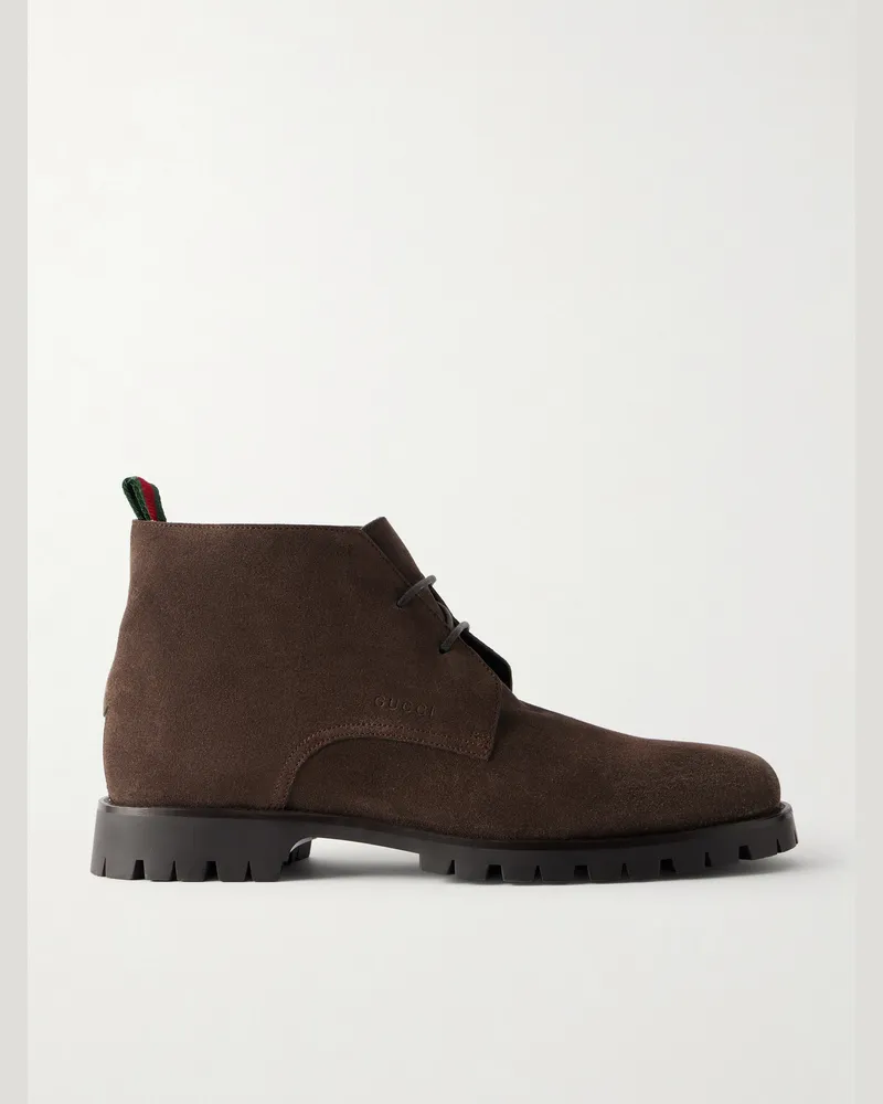 Gucci Sylke Web-Trimmed Suede Boots Brown