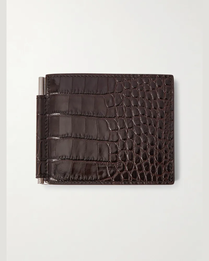 Tom Ford Aufklappbares Portemonnaie aus Leder mit Krokodileffekt Braun