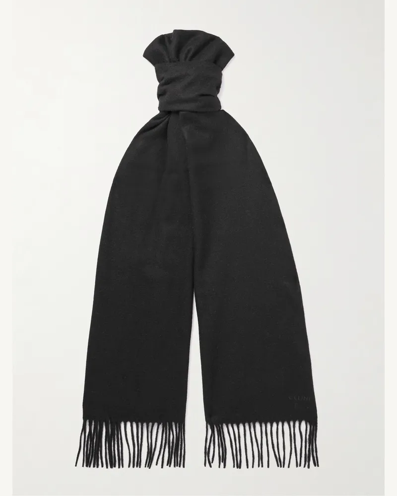Celine Logo-Embroidered Fringed Cashmere Scarf Black