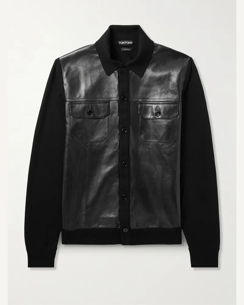 Tom Ford Schmal geschnittene Jacke aus Wolle und Leder Schwarz