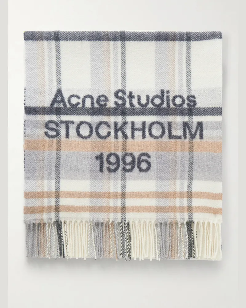 Acne Studios 1996 Fringed Checked Wool Scarf Gray