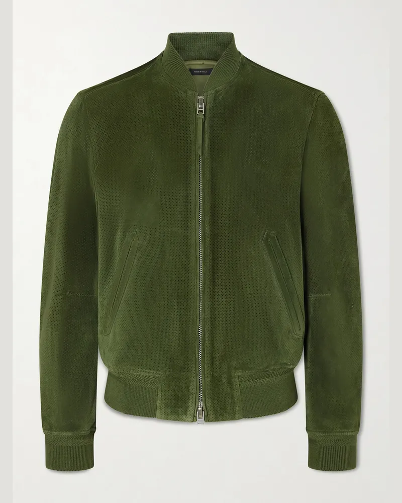 Tom Ford Perforated Suede Bomber Jacket Green