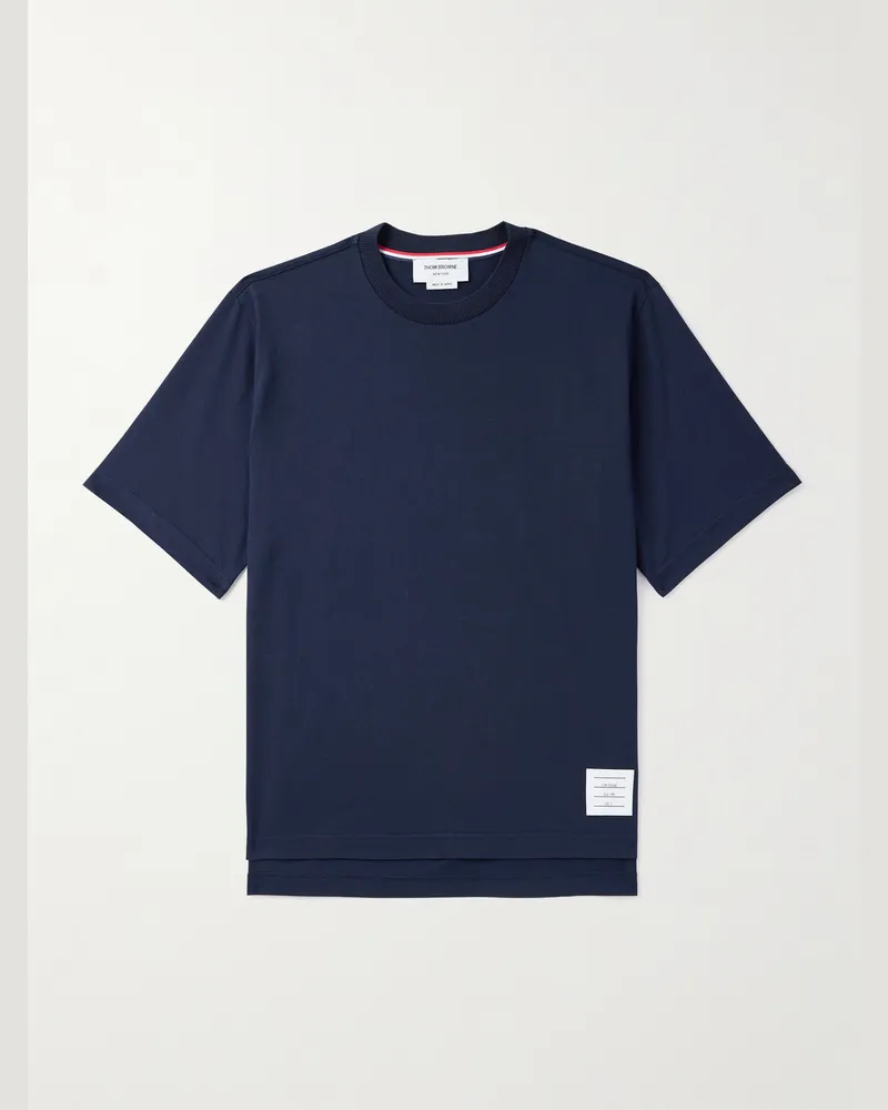 Thom Browne T-Shirt aus Baumwoll-Jersey mit gestreifter Logoapplikation Blau