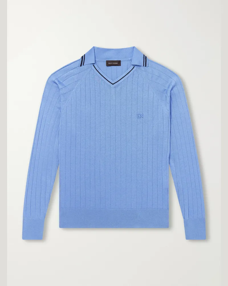 Wales Bonner Roots Logo-Embroidered Knitted Polo Shirt Blue