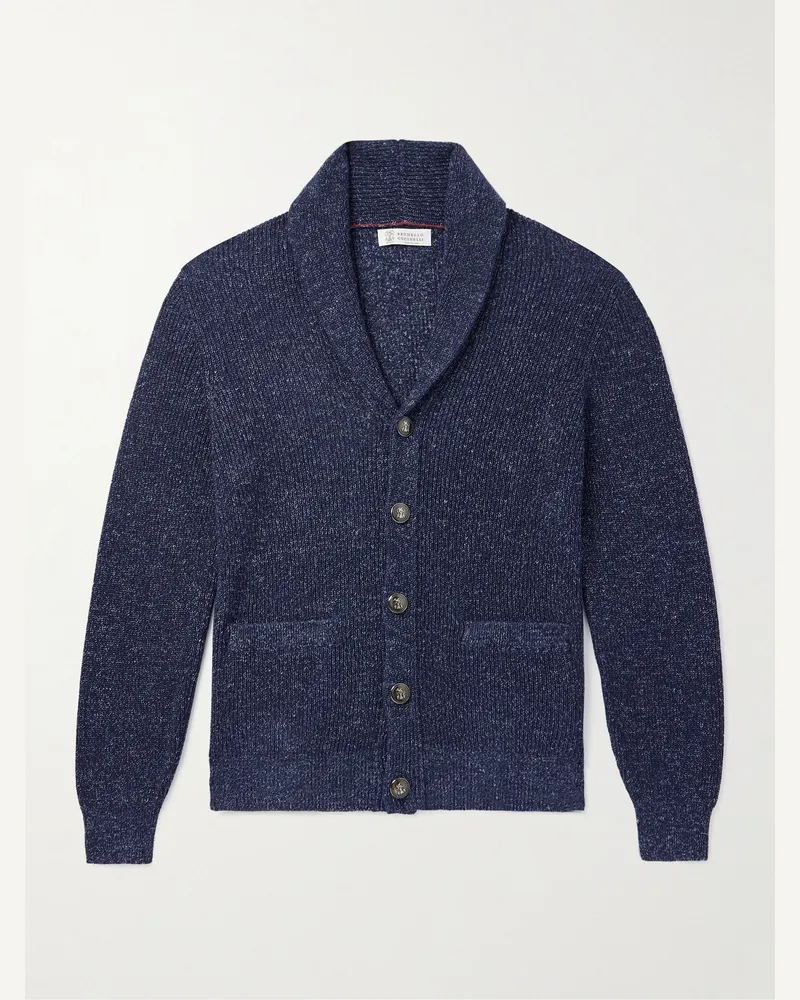 Brunello Cucinelli Cardigan aus einer Baumwoll-Leinenmischung mit Schalkragen Blau