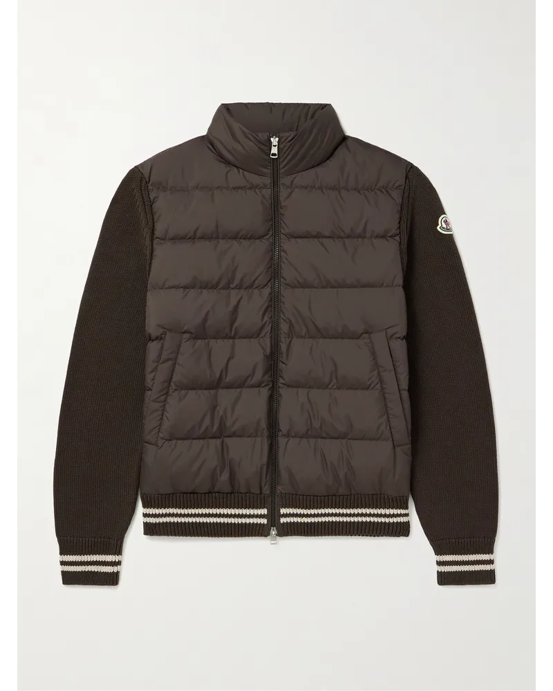 Moncler Cardigan aus gestepptem Shell mit Daunenfüllung und Baumwolle in Rippstrick mit Logoapplikation Braun