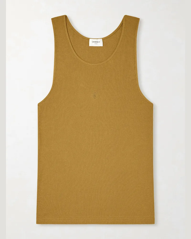 Saint Laurent Tanktop aus Baumwolle in Rippstrick mit Logostickerei Braun