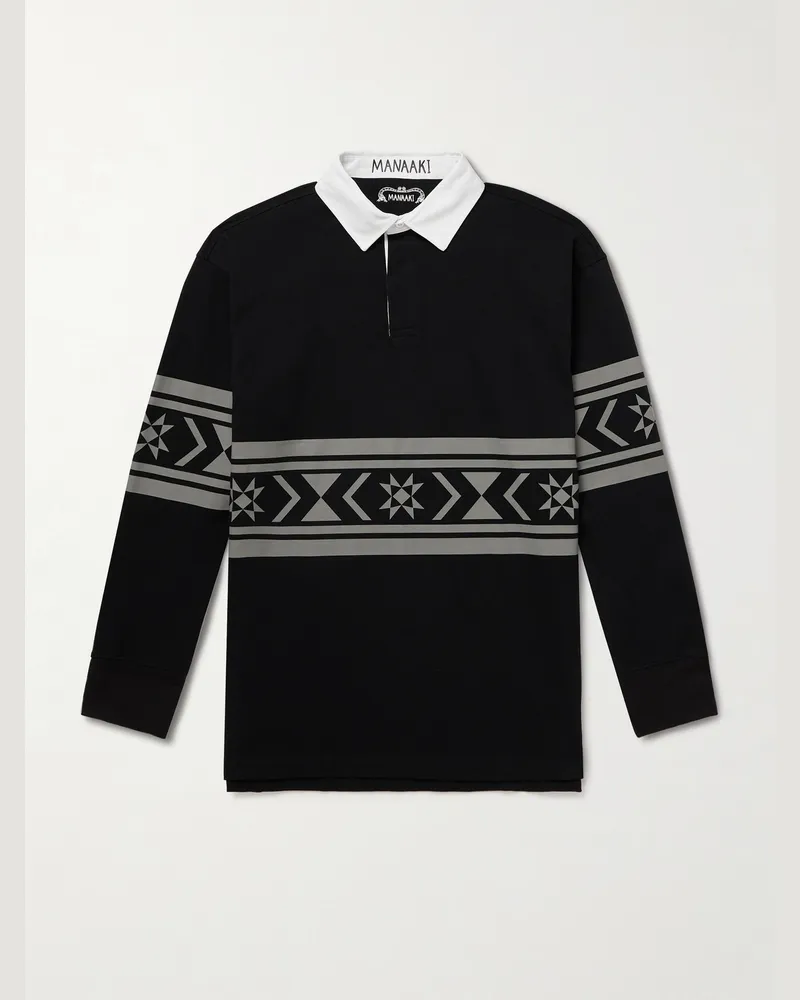 MANAAKI Jonah Printed Cotton-Jersey Polo Shirt Black