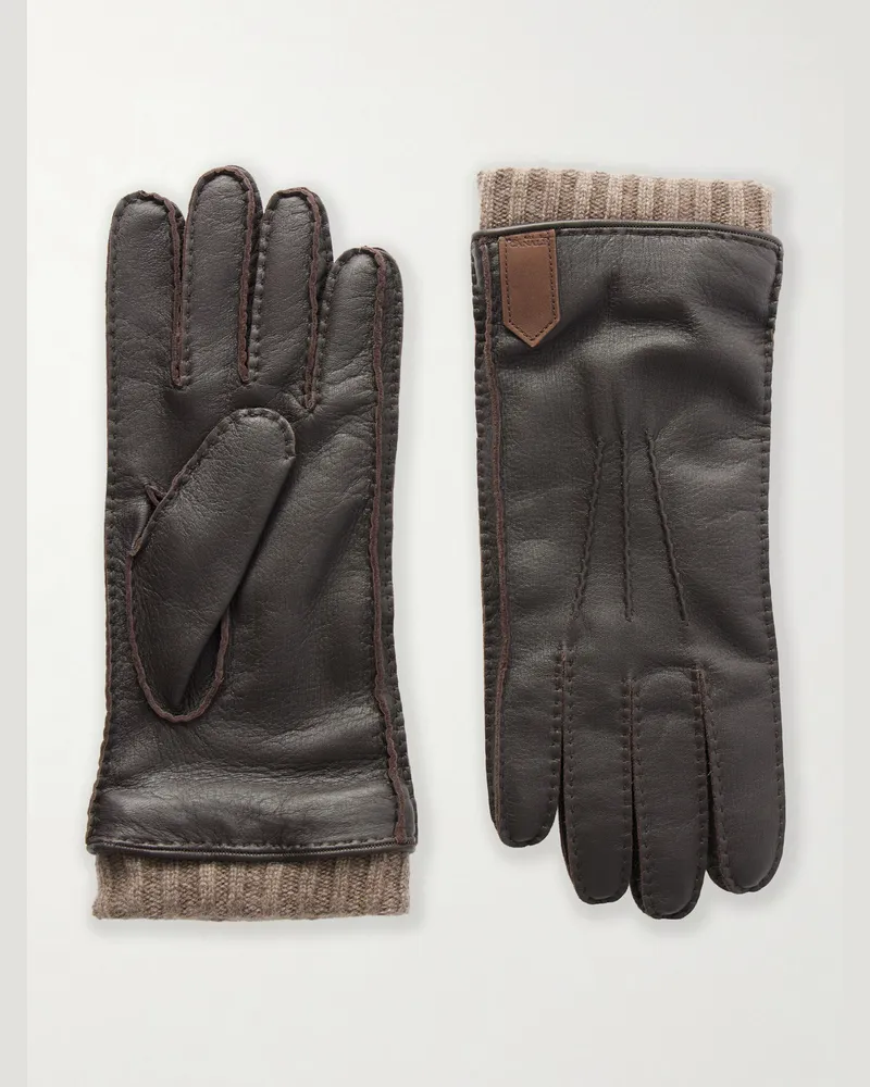 Canali Ribbed Cashmere-Trimmed Leather Gloves Brown