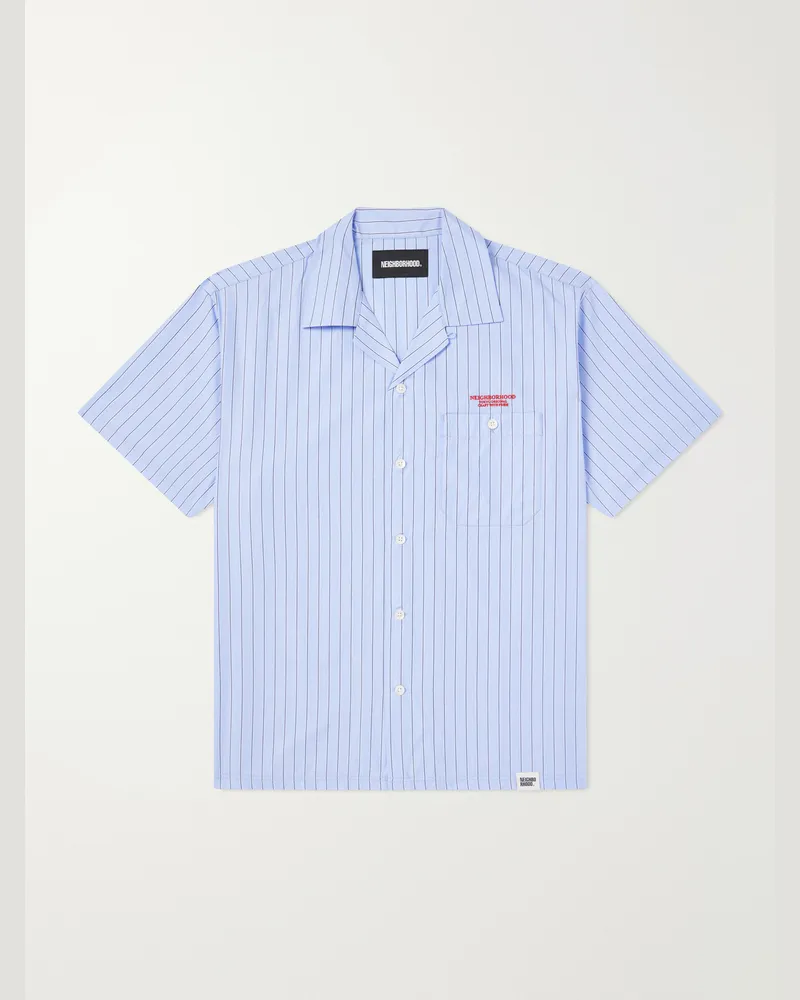 Neighborhood Camp-Collar Logo-Embroidered Striped Cotton Shirt Blue