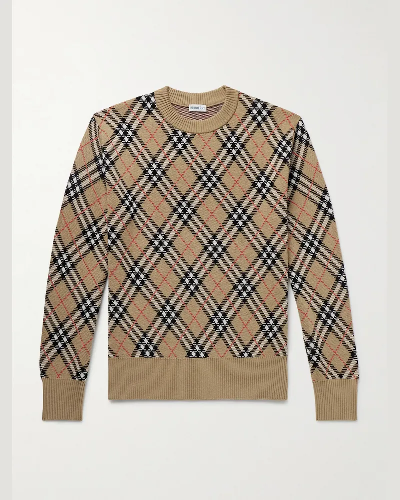 Burberry Checked Wool-Blend Jacquard Sweater Neutrals