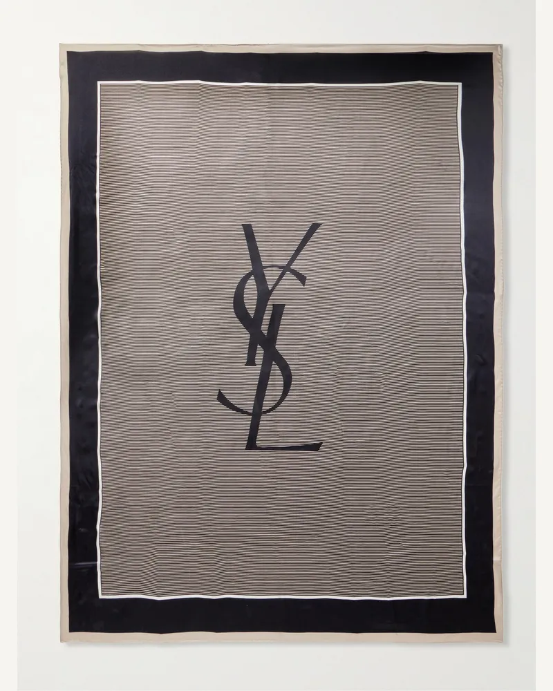 Saint Laurent Logo-Print Striped Silk-Satin Scarf Gray