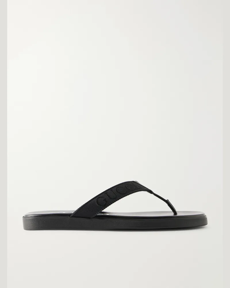 Gucci Logo-Jacquard Leather-Trimmed Canvas Flip Flops Black