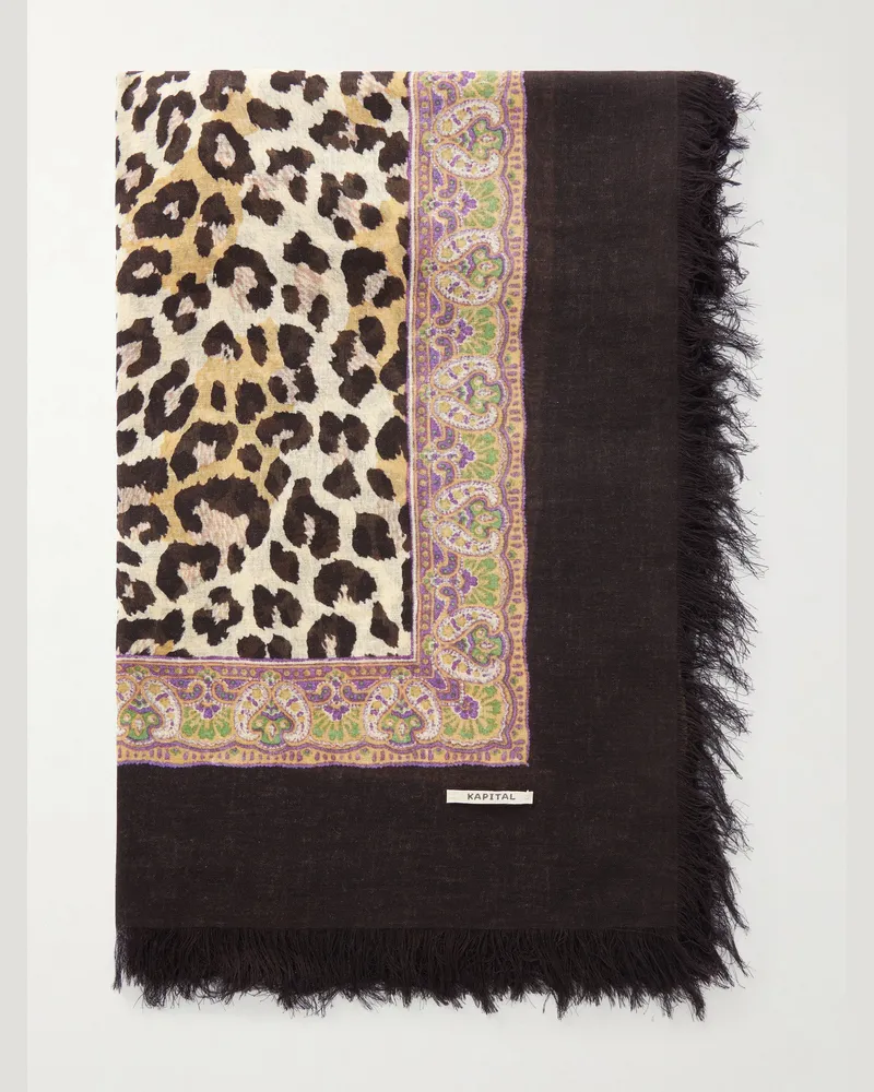 KAPITAL Fringed Printed Gauze Scarf Brown