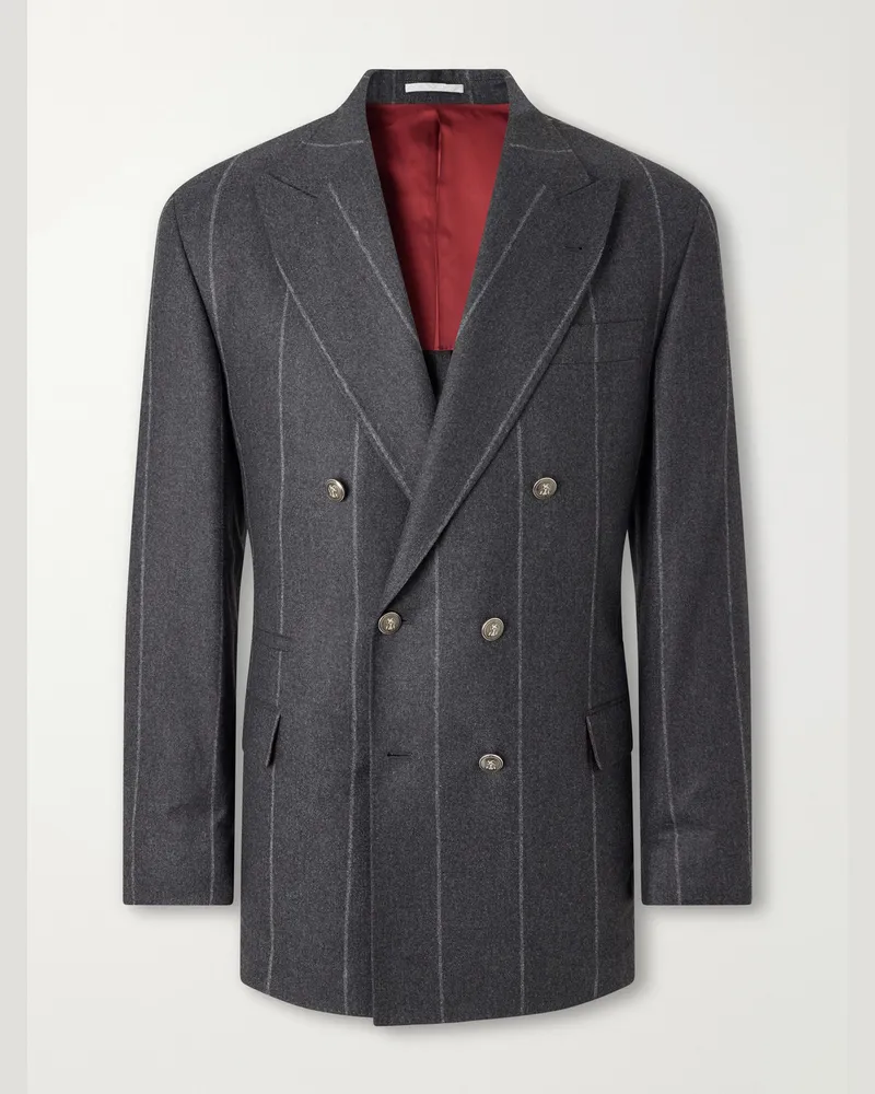 Brunello Cucinelli Double-Breasted Pinstriped Wool, Cashmere and Silk-Blend Flannel Suit Jacket Gray