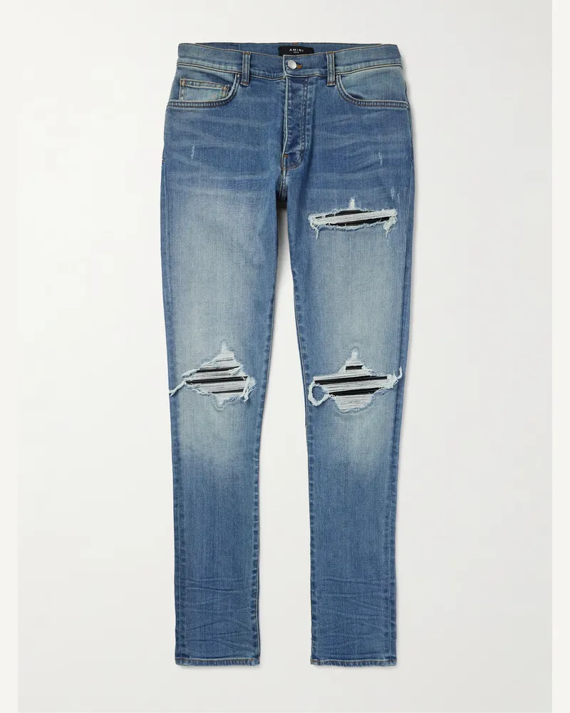 Amiri MX1 SkinnyJeans mit Einsätzen aus Leder in Distressed-Optik Blau