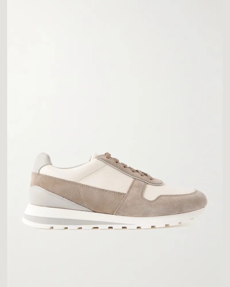 Brunello Cucinelli Olimpo Suede-Trimmed Full-Grain Leather Sneakers Neutrals