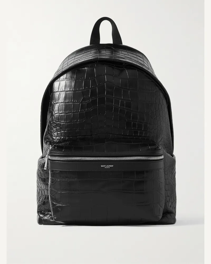 Saint Laurent City Croc-Effect Glossed-Leather Backpack Black