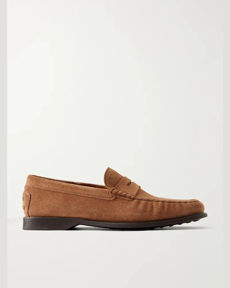 TOD'S Gathered Suede Penny Loafers Brown