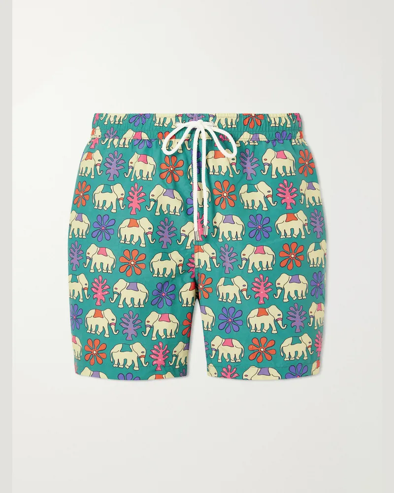 Drake's Straight-Leg Mid-Length Printed Swim Shorts Green