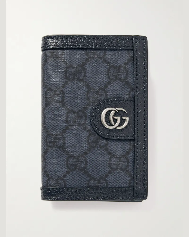 Gucci Aufklappbares Kartenetui aus beschichtetem Canvas mit Lederbesatz und Logomuster Blau