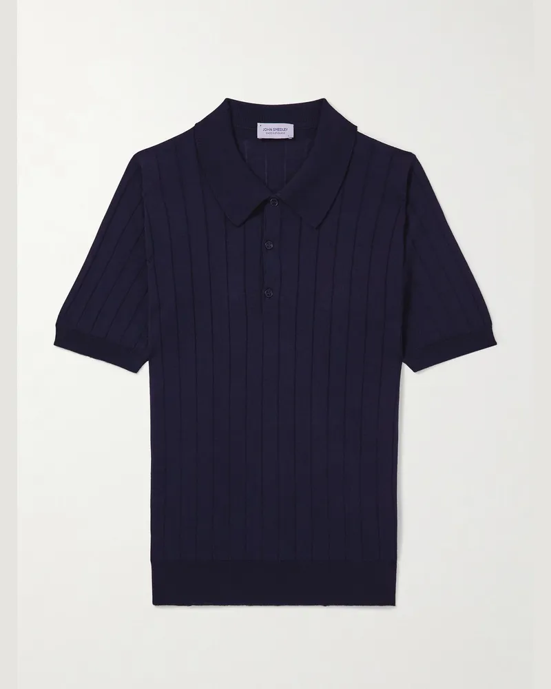 John Smedley Ribbed Wool and Cotton-Blend Polo Shirt Blue