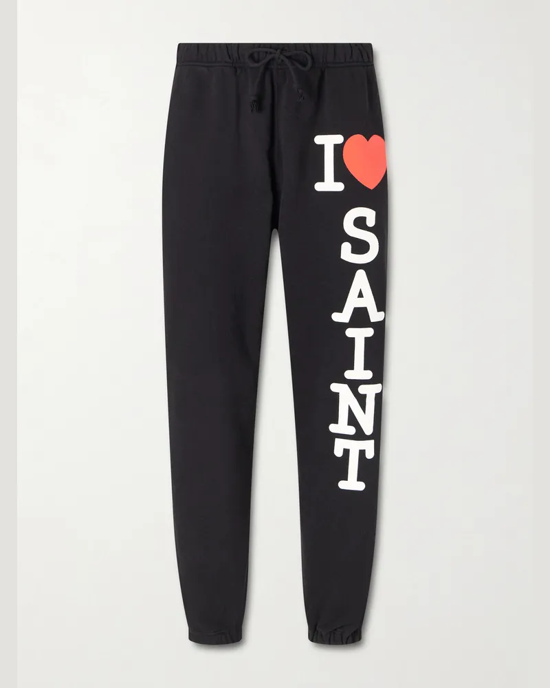 SAINT MXXXXXX I Love Saint Tapered Printed Cotton-Jersey Sweatpants Black