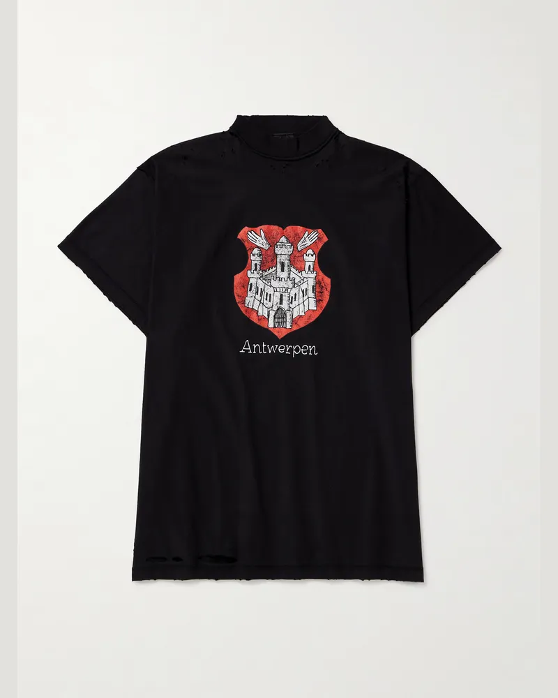 Balenciaga Antwerpen Inside Out Oversized Distressed Printed Cotton-Jersey T-Shirt Black