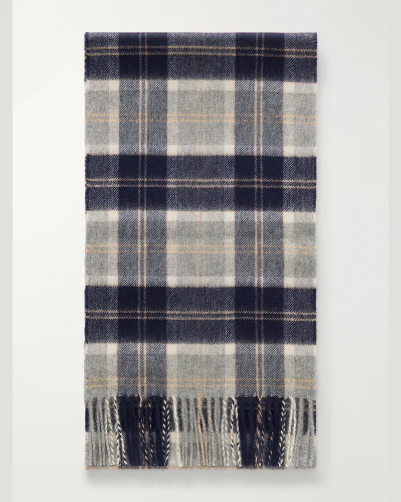 Johnstons of Elgin Fringed Checked Cashmere Scarf Blue
