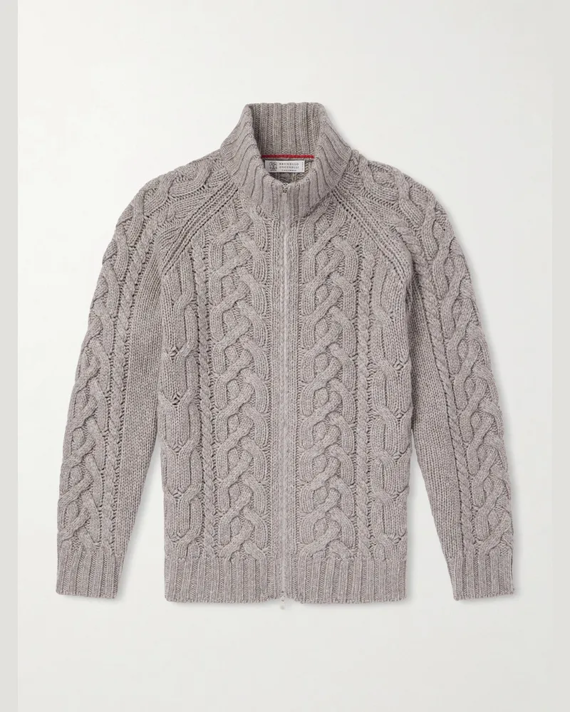 Brunello Cucinelli Cable-Knit Cashmere Zip-Up Sweater Gray