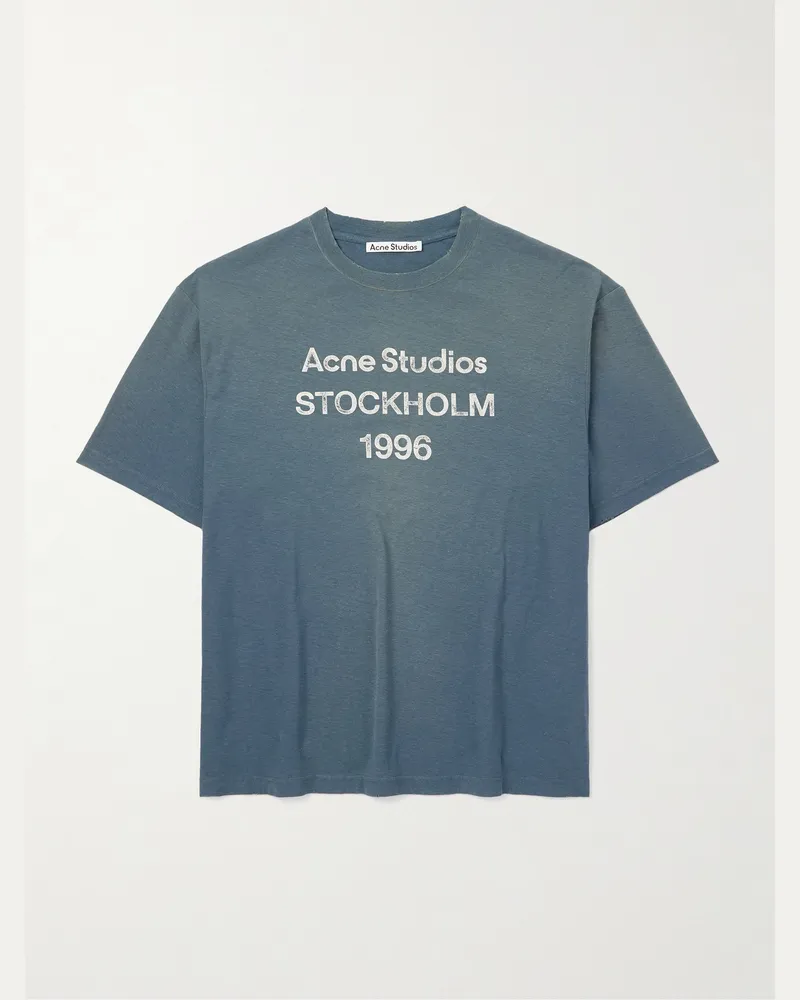 Acne Studios Exford Distressed Logo-Print Cotton and Hemp-Blend Jersey T-Shirt Blue