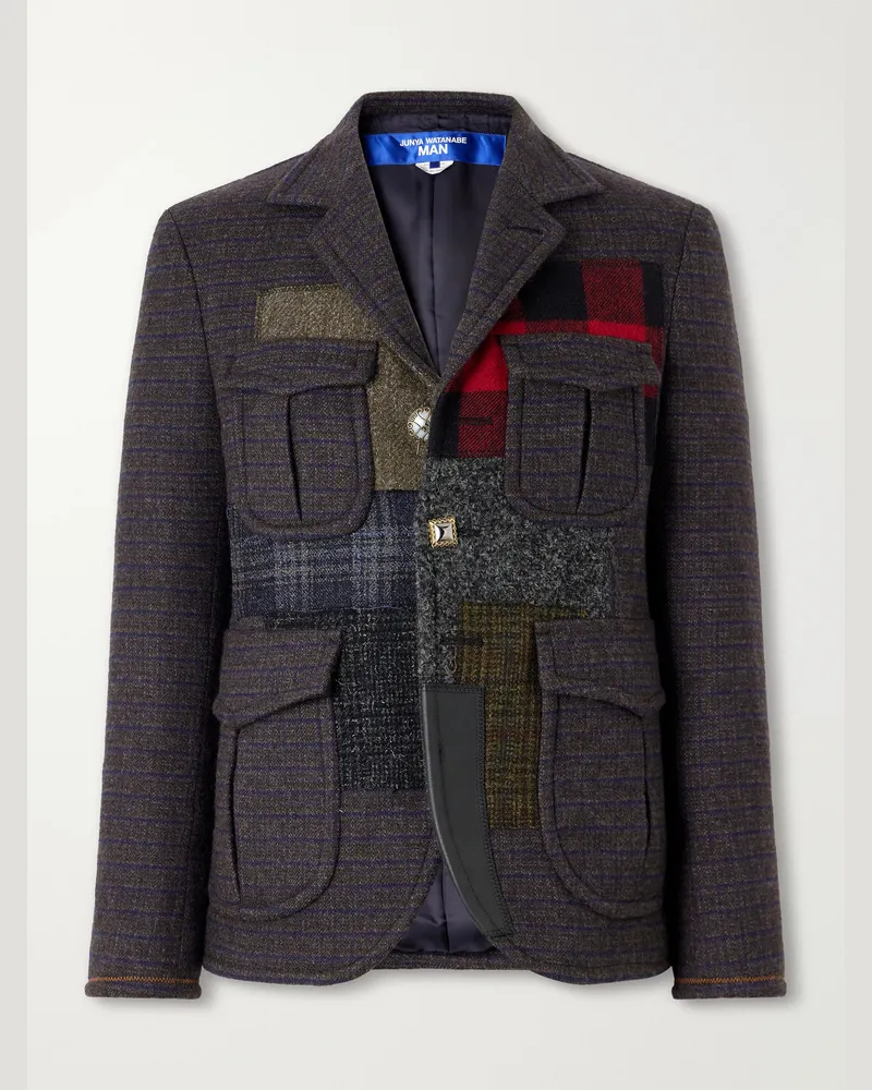 Junya Watanabe Patchwork Checked Wool and Cashmere-Blend Woven Blazer Blue