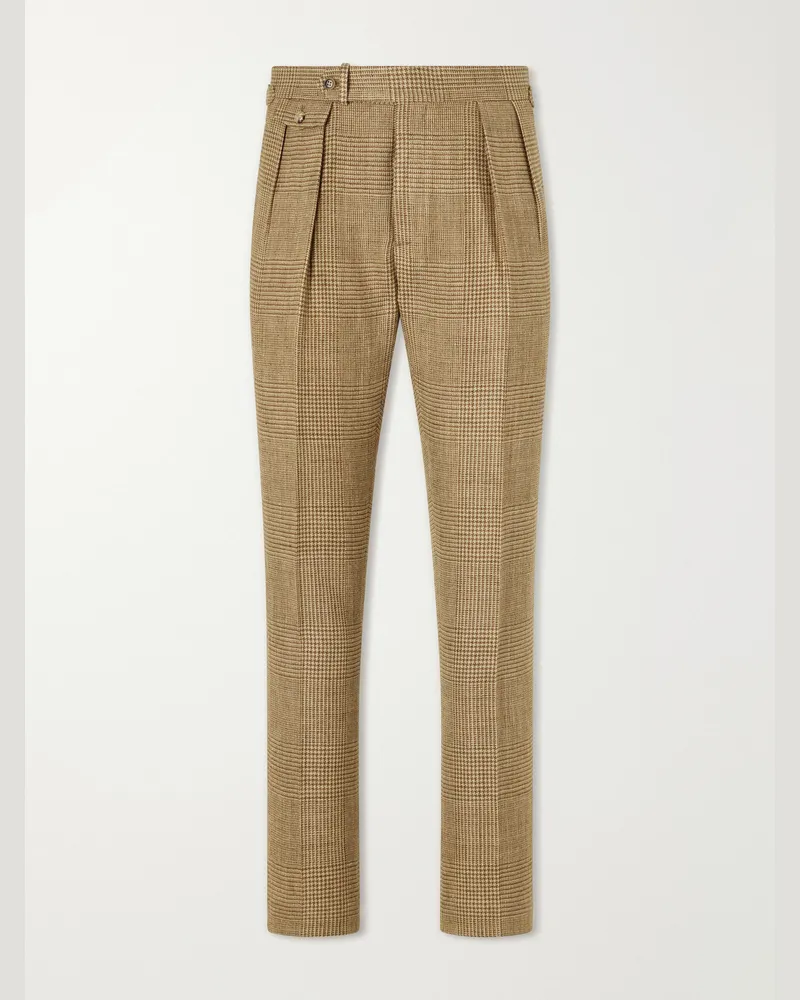 Ralph Lauren Straight-Leg Pleated Houndstooth Linen, Silk and Wool-Blend Trousers Neutrals