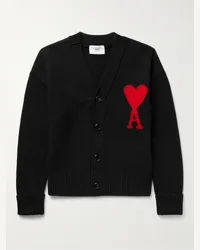 AMI Paris Cardigan aus Schurwolle mit Intarsienlogomotiv Schwarz