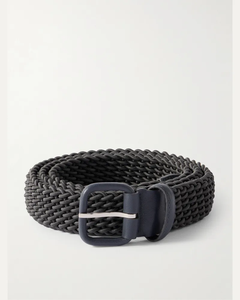 Charvet 3cm Leather-Trimmed Woven Cord Belt Gray