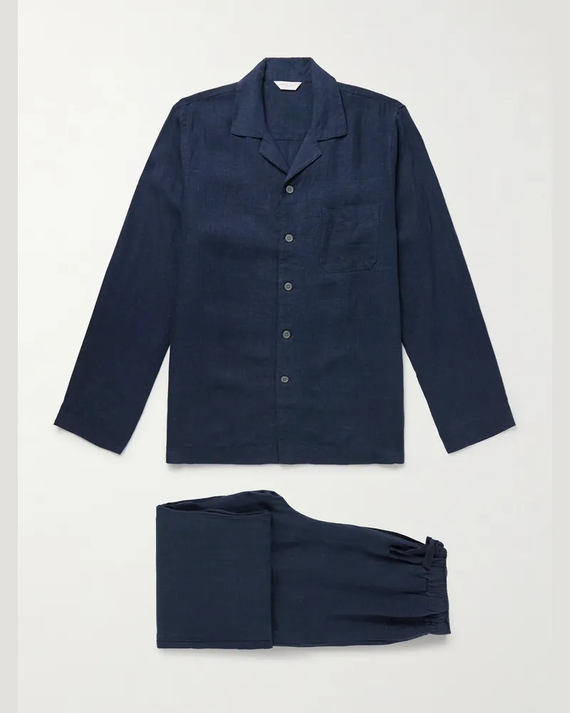 Derek Rose Sicily 1 Linen Pyjama Set Blue