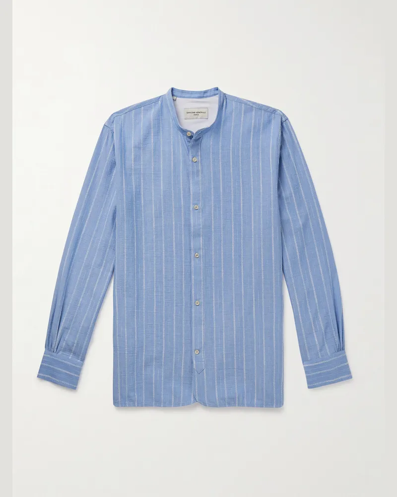 Officine Generale Gali Hemd aus gestreiftem Biobaumwoll-Voile mit Stehkragen Blau