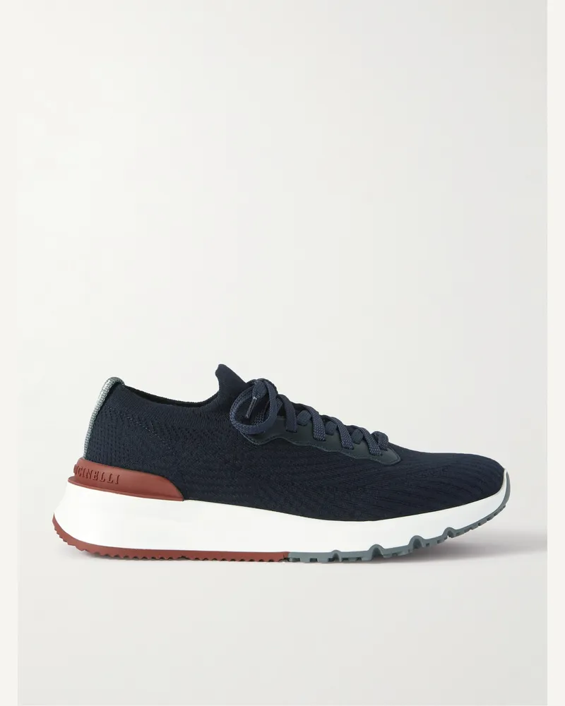 Brunello Cucinelli Sneakers aus Stretch-Strick mit Lederbesätzen Blau