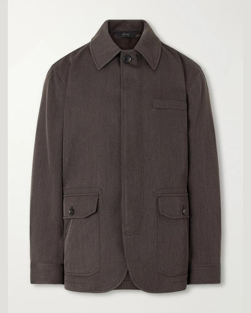 Brioni Leather-Trimmed Wool-Twill Jacket Brown
