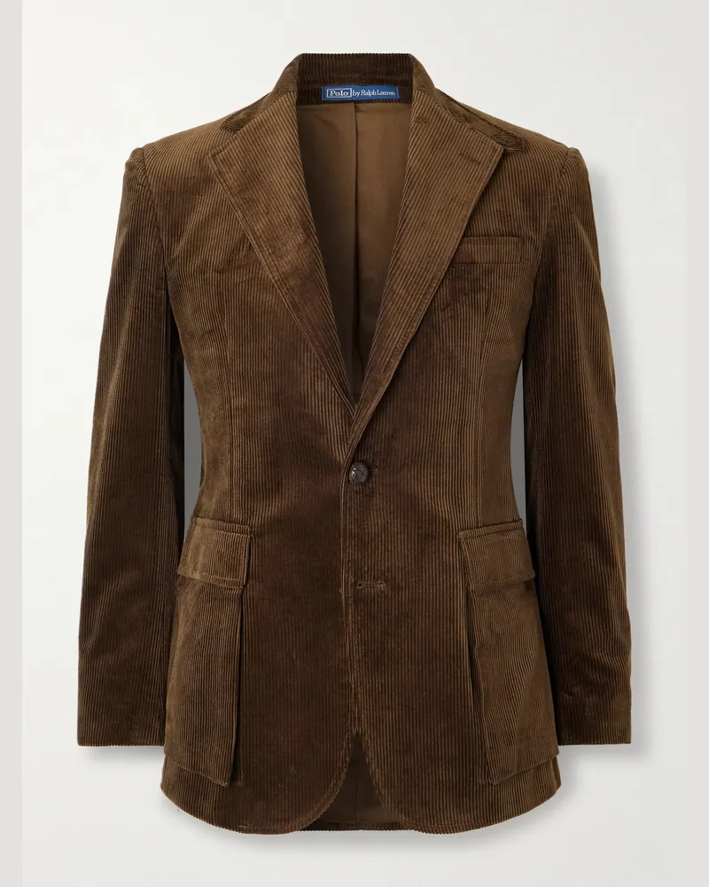 Ralph Lauren RL67 schmal geschnittenes Sakko aus Baumwollcord mit Lederbesatz Braun