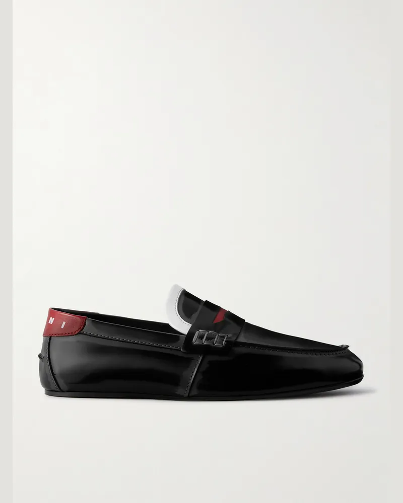 Marni Loafers aus Glanzleder mit Logoprint Schwarz