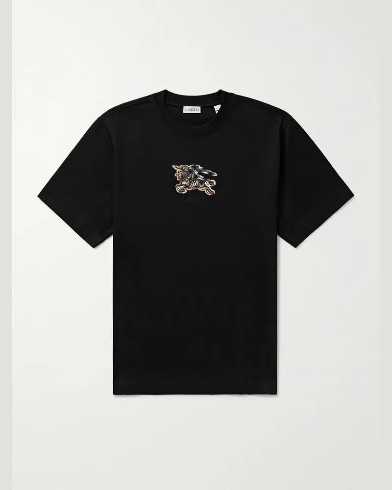Burberry T-Shirt aus Baumwoll-Jersey mit Logostickerei und Applikation Schwarz