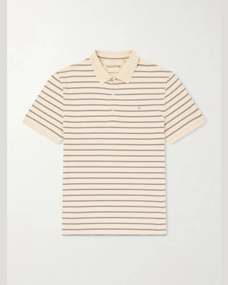 Valentino Garavani VLogo Striped Cotton-Piqué Polo Shirt Neutrals