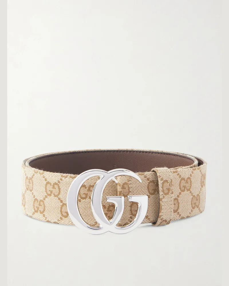 Gucci 4cm Marmont Logo-Jacquard Canvas Belt Neutrals