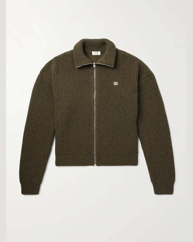 Celine Cardigan aus Wolle in Rippstrick mit Logostickerei und Reißverschluss Grün
