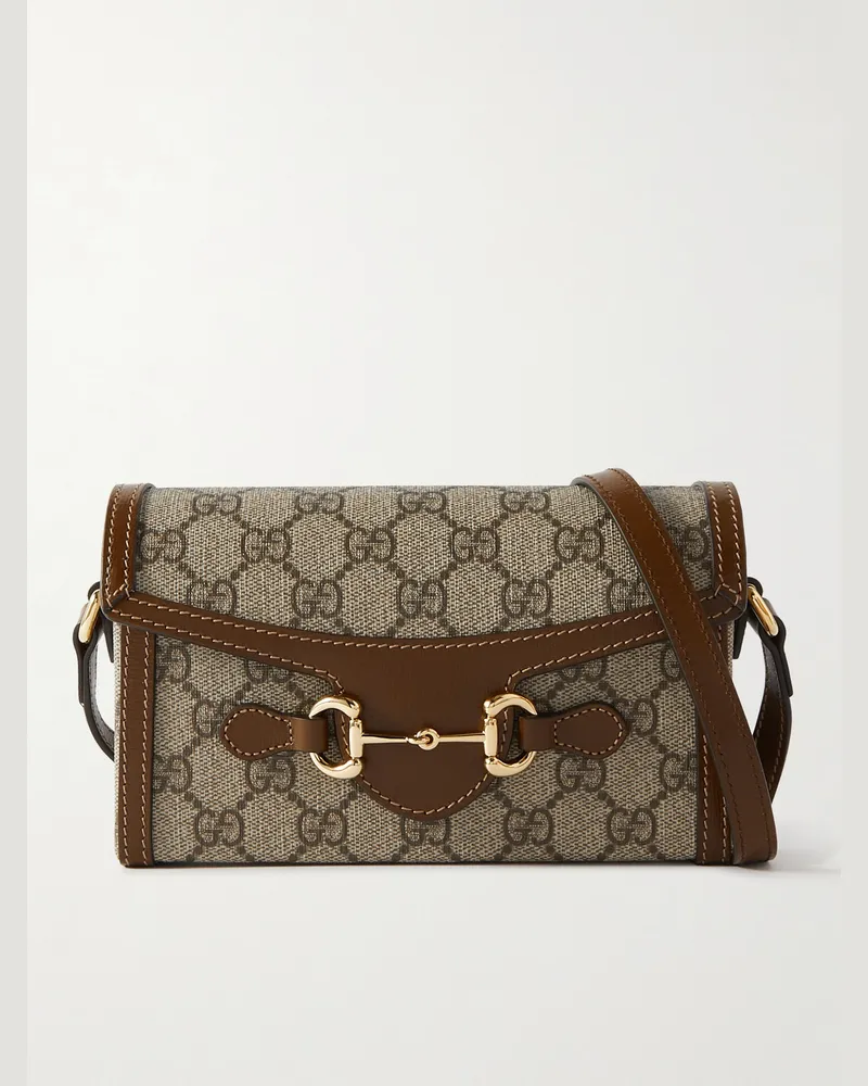 Gucci Horsebit 1955 Leather-Trimmed Printed Coated-Canvas Shoulder Bag Neutrals