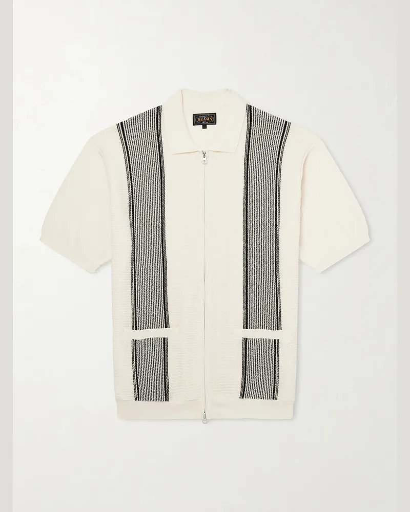 Beams Plus Striped Knitted Half-Zip Polo Shirt Neutrals