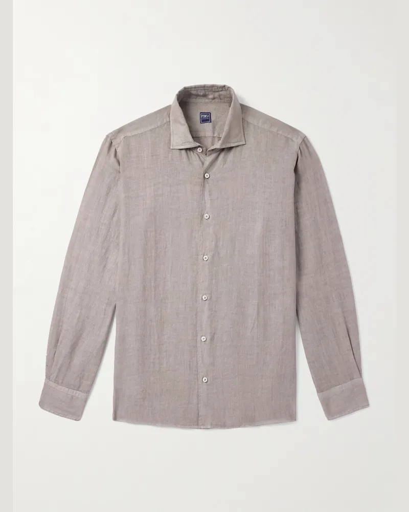 Fedeli Nick Slim-Fit Cutaway-Collar Linen Shirt Brown